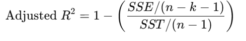 <p>R-squared</p><ul><li><p>Measures the percentage of variation in <span>Y</span> explained by the model</p></li><li><p><span>R2</span> always increases (or stays the same) when you add more variables</p></li></ul><p>Adjusted R-Squared</p><ul><li><p>Used when you have to compare 2 regressions</p></li><li><p>Adjusts <span>R2 </span>for the # of independent variables</p></li></ul><p></p>