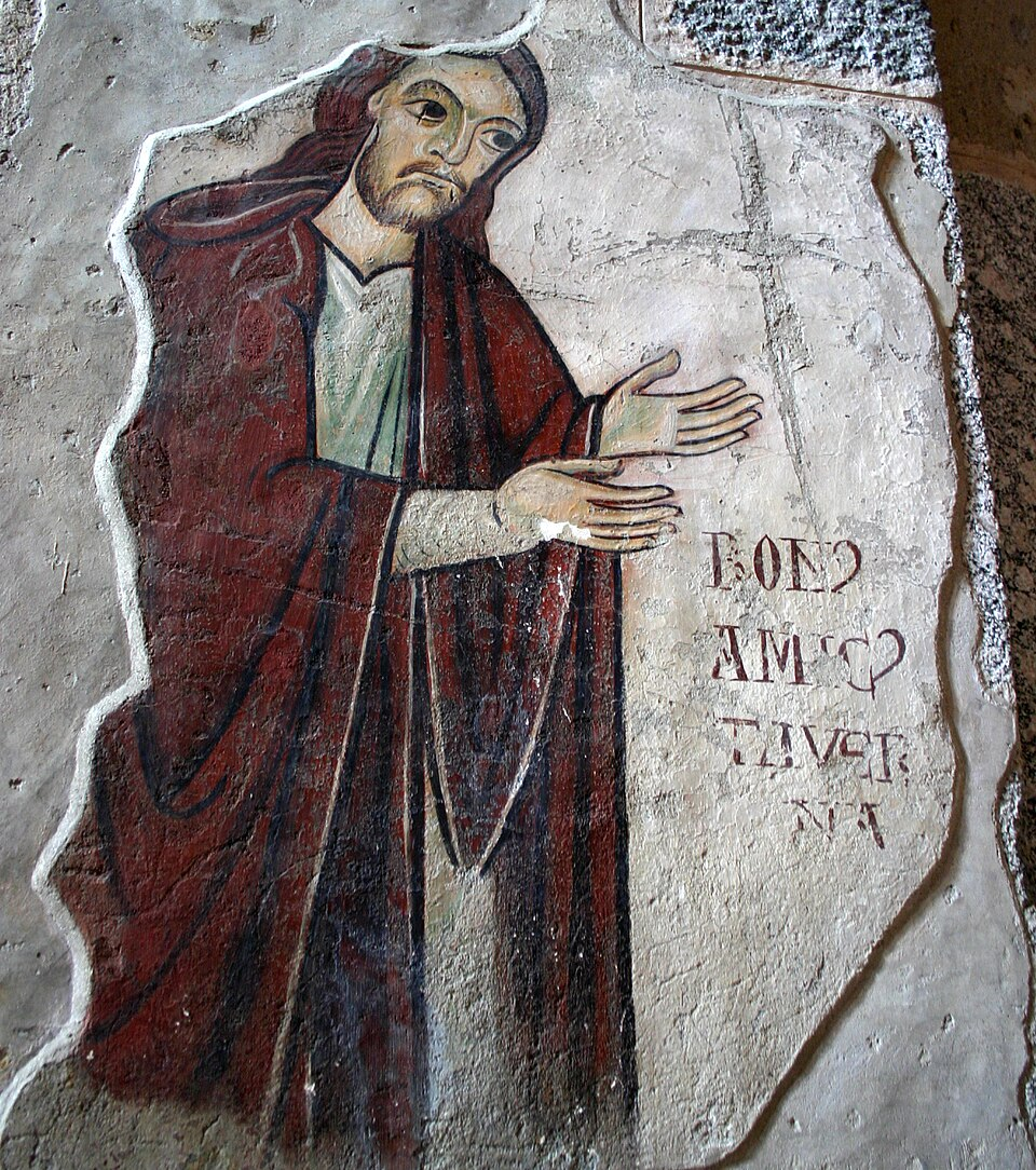 <p>the labels or captions naming figures or subjects in art</p>