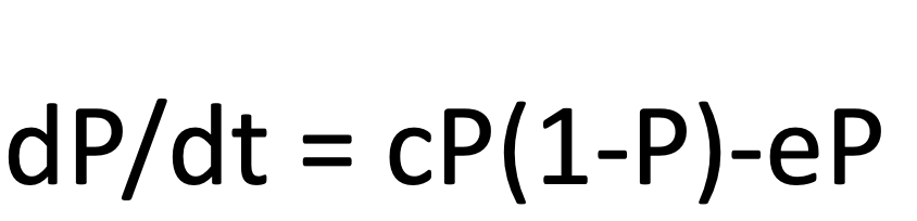 <p>P = fraction of occupied patches</p><p>c = colonization rate</p><p>e = extinction rate</p>