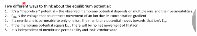 <p>(1) It's a “theoretical” potential — the observed Vm depends on multiple ions and their permeabilities. (2) E_ion is the voltage that counteracts an ion's movement due to its concentration gradient. (3) If a membrane is permeable to only one ion, Vm moves toward that ion's E_ion. (4) If Vm equals E_ion, there is no net movement of that ion. (5) It is independent of membrane permeability and ionic conductance.</p>