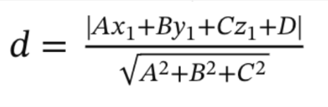 <p>point: (x1, y1, z1) plane: A(x-x0)+B(x-x0)+C(x-x0) = 0</p>
