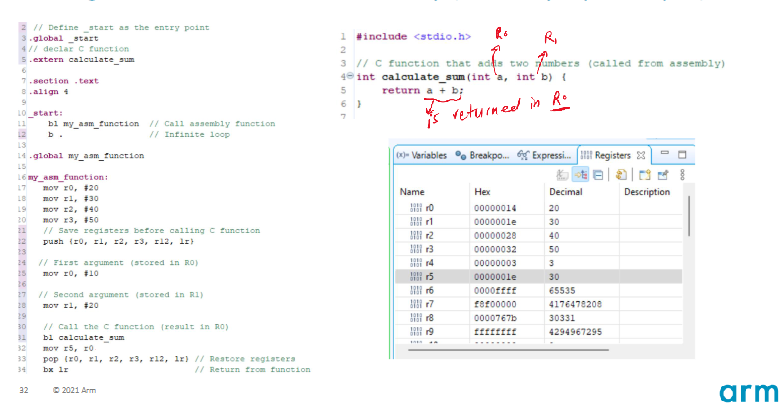 <p>More in depth example in image</p><pre><code>.global start
.extern print_hello

.section .text
.align 4

_start:
	bl print_hello
	b . // infinite loop to prevent exit</code></pre><p></p>