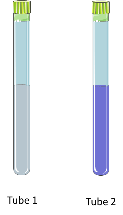 <p><span>Assume the image below represents two different samples incubated for 20 minutes in the presence of succinate, sodium azide, oxidized DCPIP and assay buffer. Which of the following statements best describes tubes 1 and 2?</span></p>