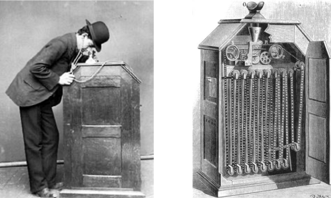<p>Invented by Thomas Edison, allows a single person to view a short film through a peep hole lens</p>