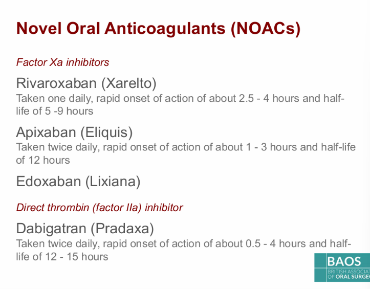 <ul><li><p>Rivaroxaban, apixaban, edoxaban, - Factor 10a</p></li><li><p>dabigatran - thrombin (factor 2a) INHIBITOR</p></li></ul><p></p>