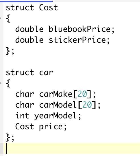 <p>Given the structure declaration, which is the correct way to define an array named carLot of 20 Car variables?</p>