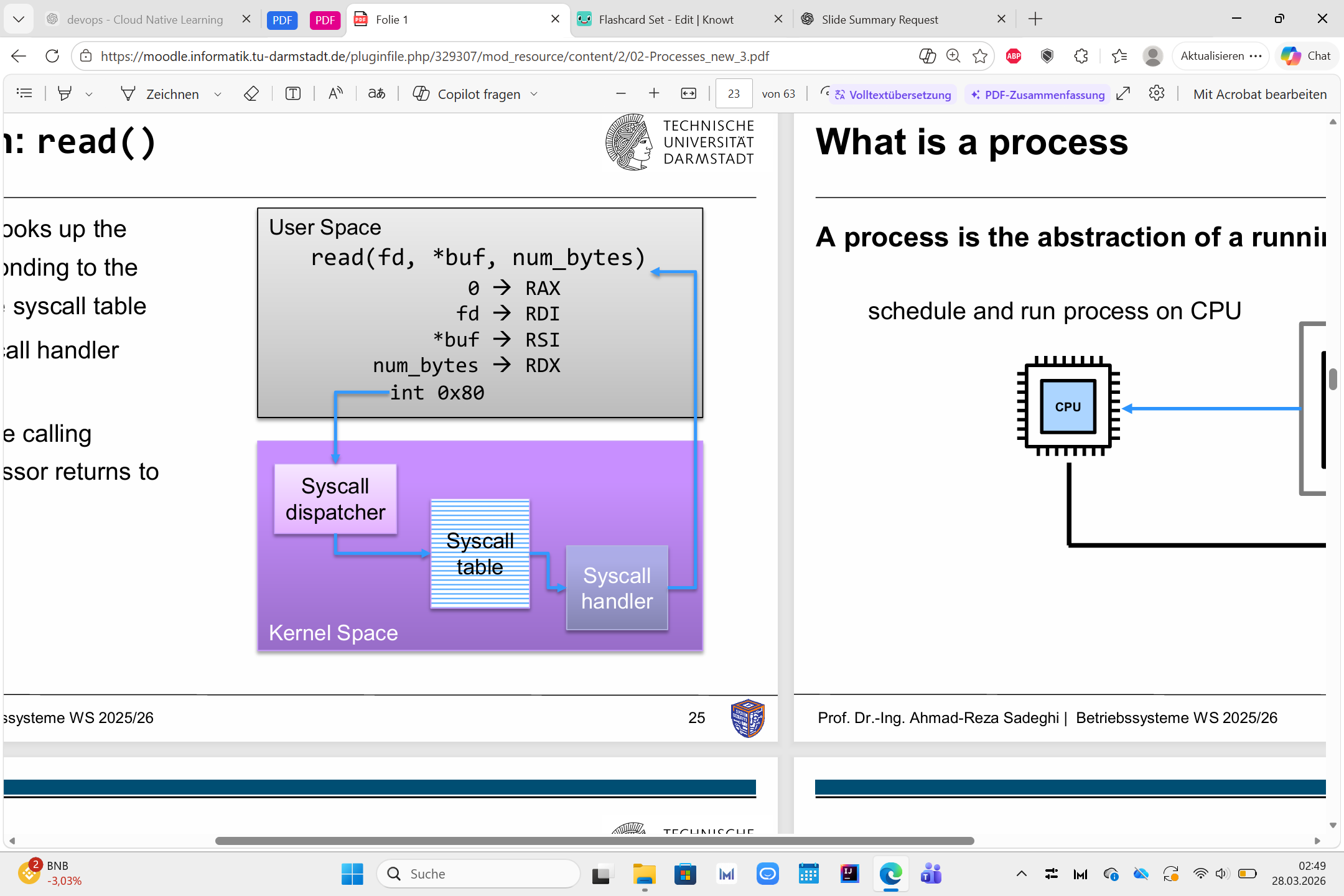 <ul><li><p>user program calls <strong>read()</strong></p></li><li><p>wrapper puts:</p><ul><li><p><strong>syscall number</strong> in <strong>RAX</strong></p></li><li><p>arguments in registers like <strong>RDI, RSI, RDX</strong></p></li></ul></li><li><p>special instruction / trap enters kernel</p></li><li><p>kernel syscall dispatcher handles it</p></li><li><p>result is returned to user space</p></li></ul><p></p>
