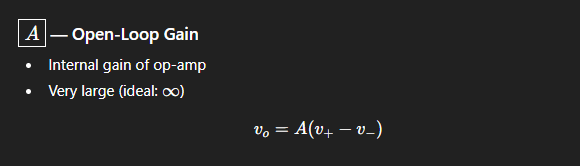 <p>The internal gain of the op-amp circuit, typically the value is extremely large.</p><p></p><p>For ideal op-amp circuits, the amp is infinite. </p>