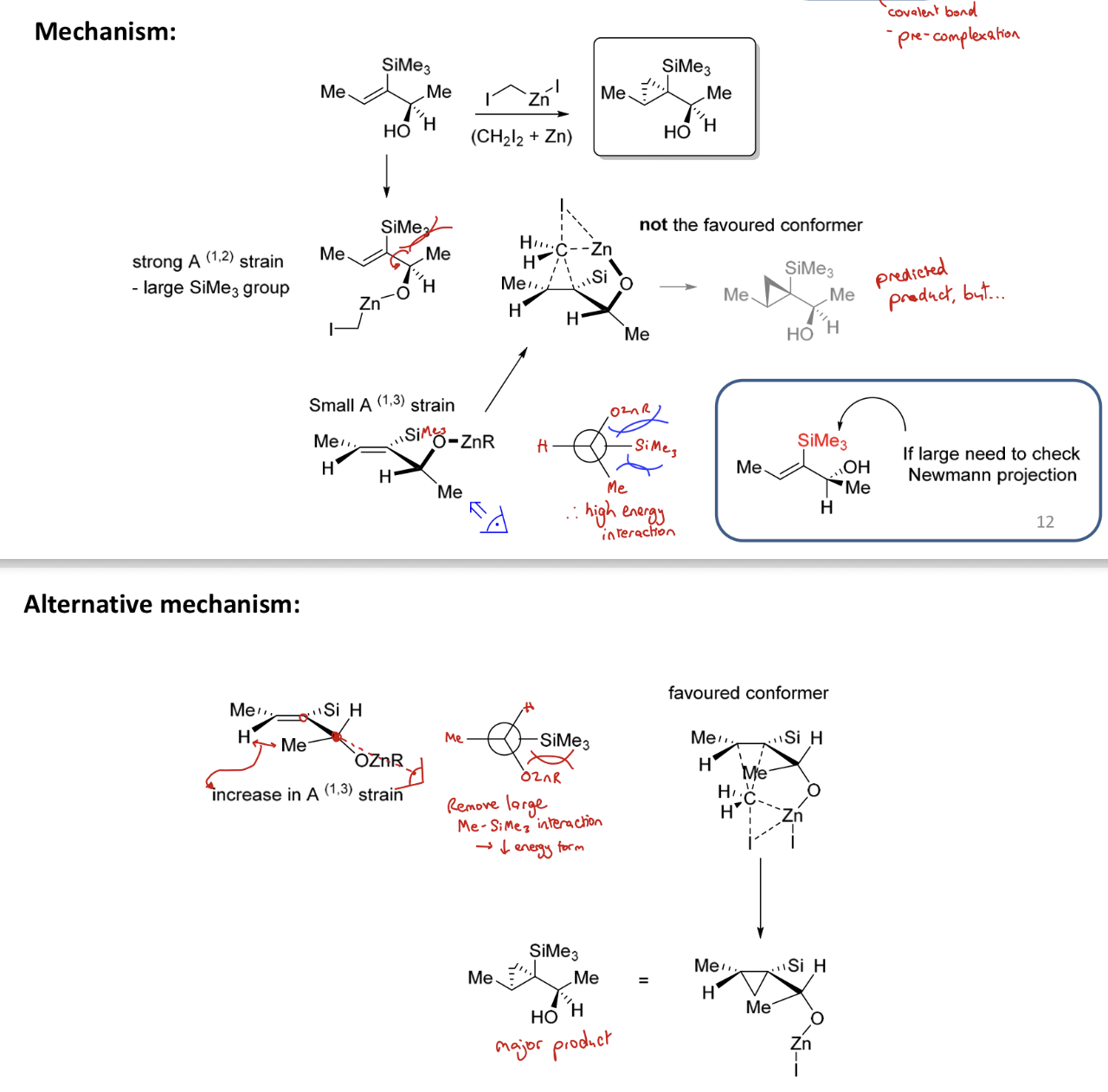 <p><span>The Simmons-Smith reagent complexes to the alcohol group to form OZnCH2I before a pericyclic Sn2 reaction with the alkene (opening up double bond)</span></p><p>TBAF removes SiMe3<span> </span></p><p><span>3 large groups next to each other can cause large clash so Houk model can break down and H doesn't eclipse</span></p>