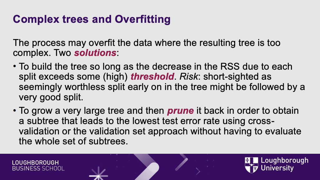<ul><li><p><strong>What it means:</strong> This is the fatal flaw of Decision Trees .</p><p></p></li><li><p><strong>The translation:</strong> If you let the computer keep splitting the data forever, it will eventually create a tiny, unique box for every single person in your spreadsheet. This is called <strong>Overfitting</strong>. The tree has perfectly memorized the past, but if you introduce a brand new person, the tree is so hyper-specific that its prediction will be terrible.</p></li></ul><p></p>