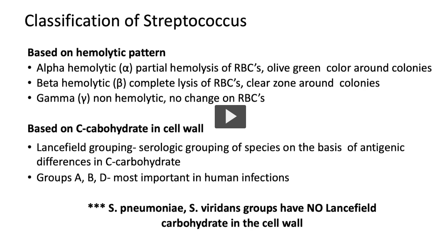 <p><strong>Important Exception</strong> </p><ul><li><p><strong>Streptococcus pneumoniae</strong></p></li><li><p><strong>Viridans streptococci</strong></p></li></ul><p><span data-name="point_right" data-type="emoji">👉</span> <strong>DO NOT have Lancefield antigens</strong><br>→ Cannot be classified this way</p>