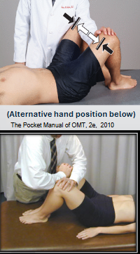 <ul><li><p>flex hips + knees w/ feet on table</p></li><li><p>ABduct knees w/ forearm btwn knees</p></li><li><p>pt. ADduct (pull in) against force</p></li><li><p>3-5 sec force, 2 sec relax, 3-5x</p></li><li><p>revaluate </p></li></ul><p></p>