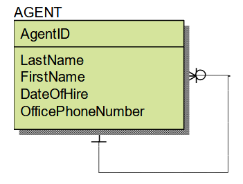 <p>Agents at the NWREA may be assigned as a mentor to zero or more other agents. Each agent being mentored is mentored by only one NWREA agent. Which relationship does the diagram depict?</p><p>A. Unary one-to-many</p><p>B. Binary many-to-many</p><p>C. Unary many-to-many</p><p>D. Binary one-to-many</p>