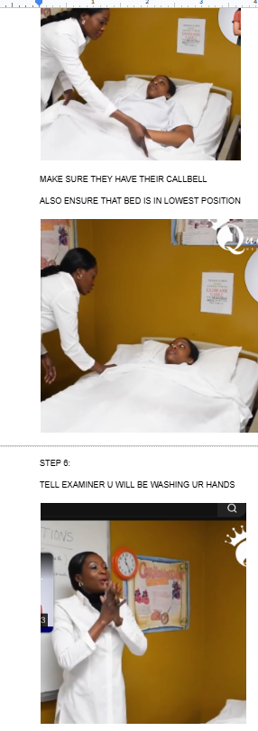 <ul><li><p><span style="background-color: transparent;">TUCK THEM BACK INTO BLANKET</span></p></li><li><p><span style="background-color: transparent;">MAKE SURE THEY HAVE THEIR CALLBELL</span></p></li><li><p><span style="background-color: transparent;">ALSO ENSURE THAT BED IS IN LOWEST POSITION</span></p></li></ul><ul><li><p><span style="background-color: transparent;">TELL EXAMINER U WILL BE WASHING UR HANDS</span></p></li></ul><p></p>