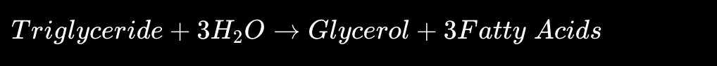 <p>Hydrolysis </p><p>Triglycerides react with water. </p><p></p><ul><li><p>glycerol</p></li><li><p>fatty acids</p></li></ul><p></p>