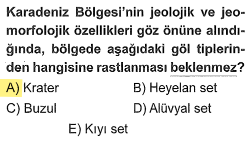 <p>Krater gölleri sönmüş yanardağ ağızlarında oluşur (Nemrut gibi). Karadeniz’de aktif veya yakın dönemde sönmüş belirgin bir volkanik dağ yapısı yoktur. Heyelan, Buzul (Kaçkarlar'da), Alüvyal set (Uzungöl) ve Kıyı set (Terkos) bulunur.</p>