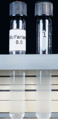 <p>A standardized reference solution used to estimate the concentration of bacteria in a culture, allowing for consistent comparisons in antimicrobial susceptibility testing. It typically contains a specific concentration of suspended bacteria, equivalent to a certain optical density. </p>