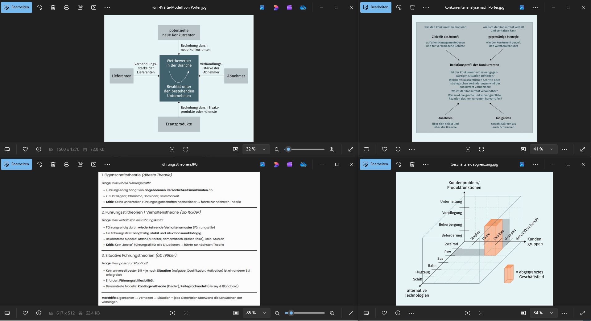 <p>drei Perspektiven der Geschäftsfeldabgrenzung:</p><p></p><p>Marktaufgabe (Kunden, Produkte, Konkurrenten),</p><p></p><p>eingesetzte Ressourcen, z. B. gleiche oder ähnliche Technologien oder Arbeitsprozesse, und</p><p></p><p>bediente Regionen, um regionale Unterschiede trotz ähnlicher Produkte oder Ressourcen besser zu berücksichtigen.</p><p></p><p>Ausgehend von einem konkreten Kundenproblem (z. B. Reisen) werden bestimmte Produktfunktionen aus Anwender- bzw. Kundensicht (z. B. Beförderung, Beherbergung, Verpflegung, Unterhaltung) definiert. Dann werden Kundengruppen (z. B. Singles, Paare, Familien, Gruppen, Geschäftsreisende) eingegrenzt. Schließlich werden alle alternativen Technologien, die auch Wettbewerber sein können, zur Lösung des Kundenproblems (z. B. Zweirad, Pkw, Bus, Bahn, Flugzeug, Schiff) aufgelistet (vgl. Welge/Al-Laham/Eulerich 2017, S. 599). Ein Unternehmen könnte dann z. B. folgende Geschäftsfeldabgrenzung vornehmen: Rundreisen für Gruppen per Bus mit Verpflegung und Unterbringung in Schlafkabinen.</p><p></p><p>Standardmodell zur Analyse der Wettbewerbsumwelt: 5-Kräfte-Modell von Porter:</p><p></p><p>Konkurrentenanalyse nach Porter:</p><p></p><p></p>