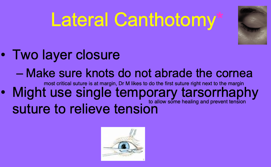 <p>two layer - make sure knots do not abrade the cornea.</p><p>might use single temporary tarsorrhaphy suture to relive tension.</p>