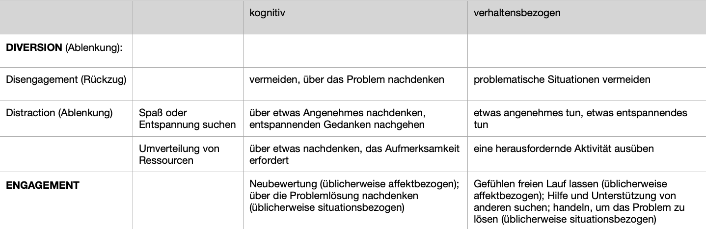 <ul><li><p><strong>Klassifizierungsschema affektregulierender Strategien:</strong> <em>(siehe Tabelle)</em></p></li><li><p>anschließend klassifiziert </p></li><li><p>unterschieden wurden</p></li></ul><p></p>