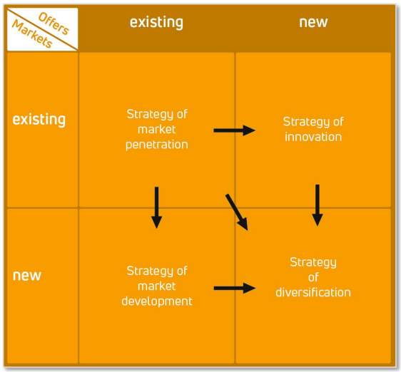 <p>A matrix defining four growth strategies: Market Penetration, Innovation Strategy, Market Development, and Diversification.</p>