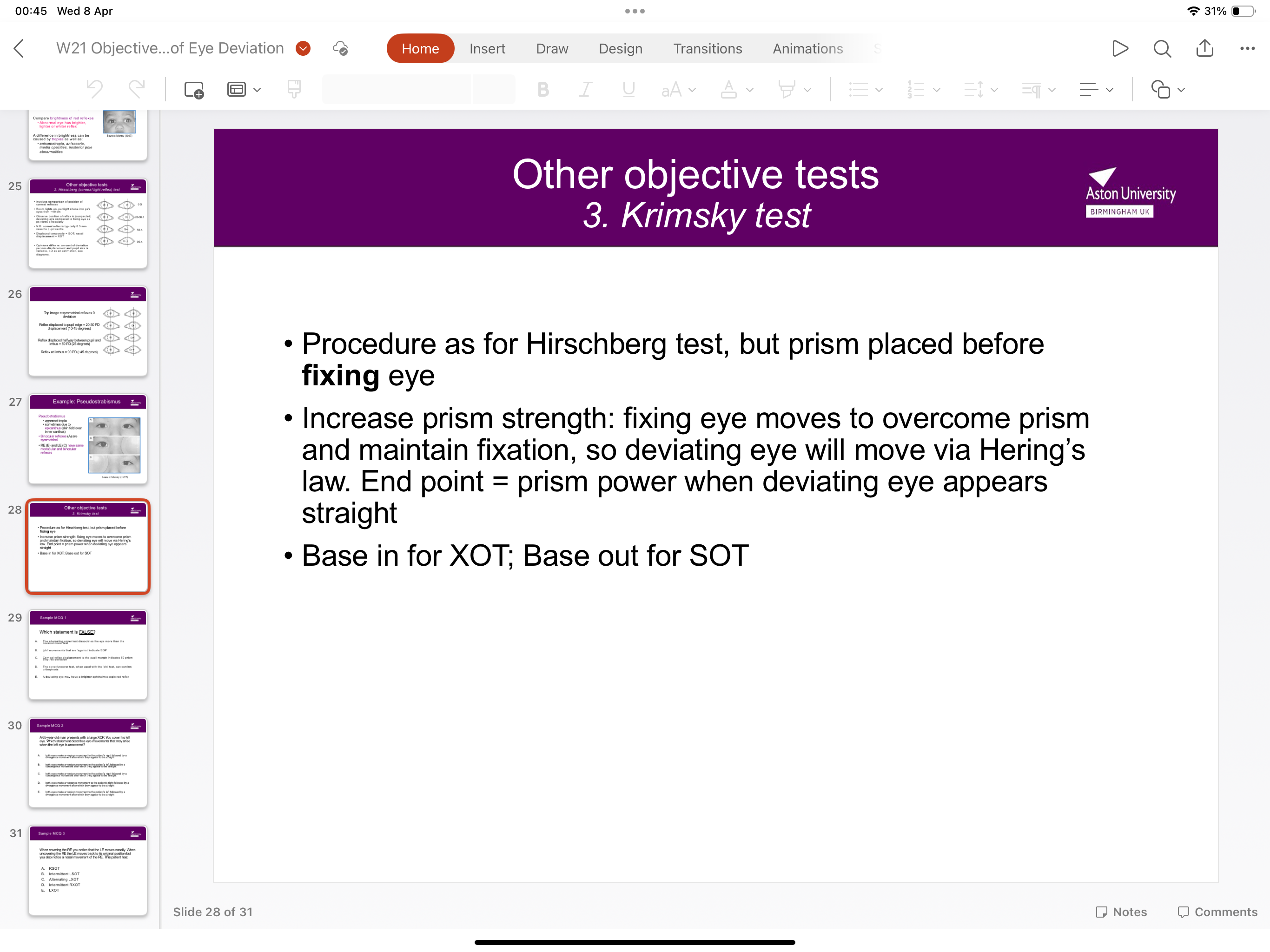 <ul><li><p>Same procedure for Hirschberg test but prism placed before fixing eye </p></li><li><p>Increasing prism strength makes the fixing eye move to maintain fixation so deviating eye will move via Herring’s law </p></li><li><p>End point is when the deviating eye appears straight </p></li><li><p>Base in for exotropia, base out of esotropia </p></li></ul><p></p>