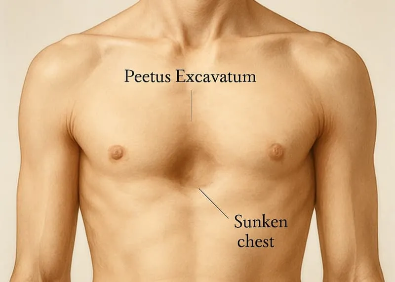 <p>congenital chest wall deformity in which the sternum is displaced inward</p><ul><li><p>creates a sunken or funnel shaped appearance of the chest</p></li><li><p>often called funnel chest</p></li><li><p>severe cases may compress the heart and lungs, affecting breathing and exercise tolerance</p></li></ul><p></p>