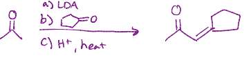 <p>Adds the carbon chain to a side of the carbonyl, oxygen in part B is removed, and double bond remains</p>