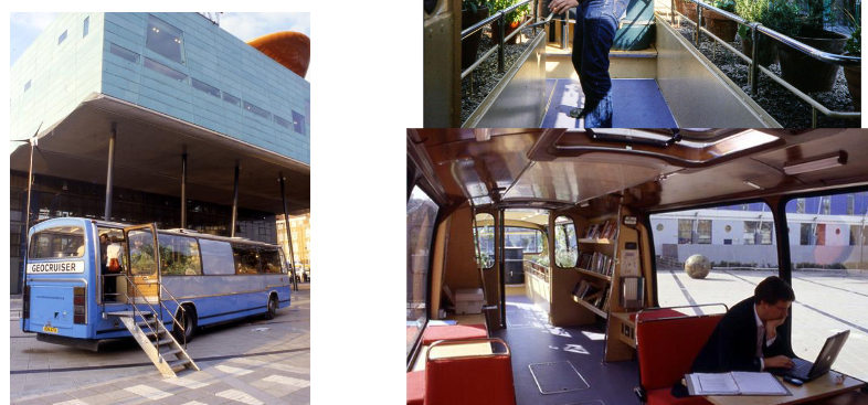 <ul><li><p>a green bus</p></li><li><p>library: communicate ideas of utopian ecological worlds</p></li><li><p>lens to see other ways of living</p></li></ul><p></p>