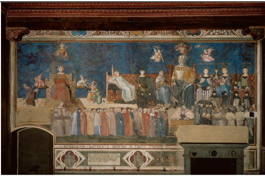 <p>Ambrogio Lorenzetti,1338–1339, Siena Italy, fresco </p><p>-not about the bible witch makes it unique</p><p>-It acts as a political message for leaders in Siena—basically a warning and a model.</p><p>-the painting represents the Medieval urban life, and the roles of different people in that society  </p>