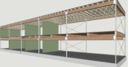 <p>vertical structural elements, beams with connections, roof truss, decking, x bracing, shear walls, facade</p>