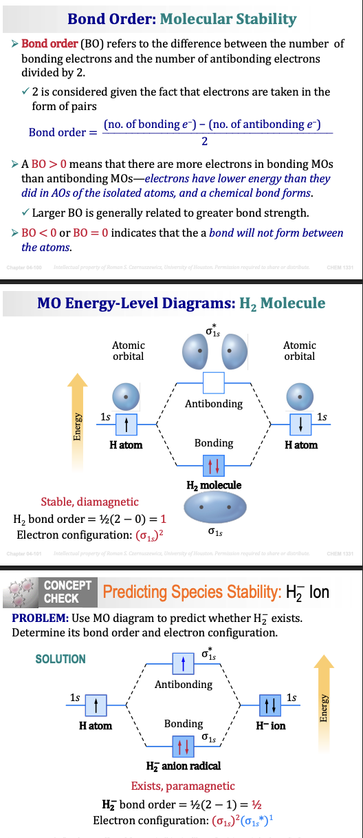 <p>Step 1: Count electrons.</p><p>Each hydrogen atom has 1 electron.</p><p>2 H atoms = 2 total electrons.</p><p>&nbsp;</p><p>Step 2: Form molecular orbitals.</p><p>Two 1s orbitals combine to form:</p><ul><li><p><span>σ1s (bonding, lower energy)</span></p></li><li><p><span>σ1s* (antibonding, higher energy)</span></p></li></ul><p>&nbsp;</p><p>Step 3: Fill the orbitals.</p><p>Both electrons go into the lowest-energy orbital.</p><p>Electron configuration:</p><p>(σ1s)²</p><p>&nbsp;</p><p>Step 4: Calculate bond order.</p><p>Bonding electrons = 2</p><p>Antibonding electrons = 0</p><p>Bond Order = (2 − 0) ÷ 2 = 1</p><p>&nbsp;</p><p><span><strong>What does this tell us?</strong></span></p><ul><li><p><span>H₂ exists.</span></p></li><li><p><span>It has one single bond.</span></p></li><li><p><span>The bond is stable.</span></p></li></ul><p>&nbsp;</p><p><span><strong>Magnetism of H₂</strong></span></p><p>Both electrons are paired.</p><p>There are no unpaired electrons.</p><p>Therefore:</p><p>H₂ is diamagnetic.</p><p>&nbsp;</p><p><span><strong>Diamagnetic</strong></span></p><p>Definition:</p><p>A substance with ALL electrons paired.</p><p>Properties:</p><ul><li><p><span>Not attracted to a magnetic field.</span></p></li></ul><p>Easy Memory Trick:</p><p>Diamagnetic = Double = Every electron has a partner.</p>