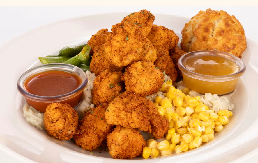 <p>With Fresh Buttered Corn, Green Beans and a Buttermilk Biscuit Over Mashed Potatoes and Gravy</p>