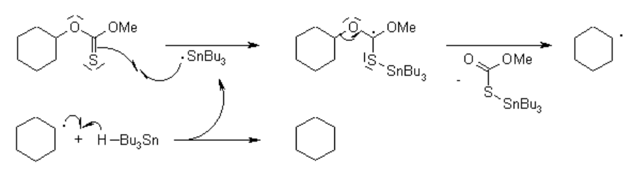 <p>Exposure of the thioxoesters to Bu<sub>3</sub>SnH with AIBN as the initiator gives the reduced product</p>