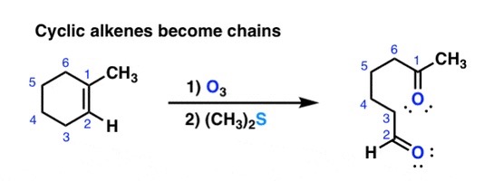 <p>o3 and (ch3)2S does ozonolysis. it completely cleaves the bond between two carbons and bonds each carbon to an =O.</p>