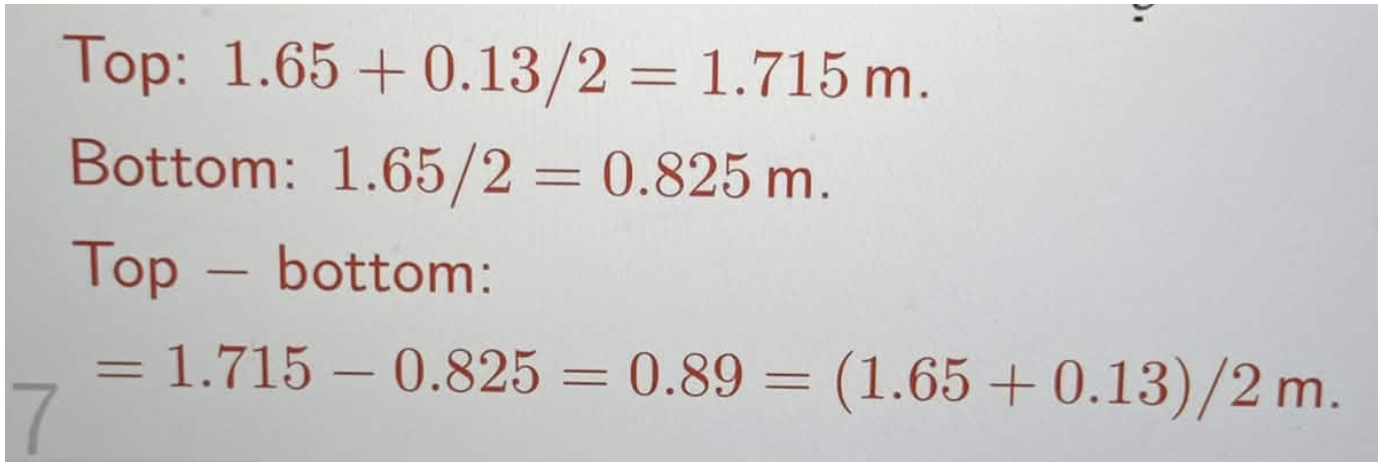 <ul><li><p>Top mirror: (eye to floor) + (top head/2)</p></li><li><p>Bottom mirror: (eye to floor)/2 </p></li><li><p>Top mirror - bottom mirror </p></li></ul><p></p>