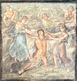 <p>Identify the scene occurring in this painting in the <em>oecus, </em>&nbsp;room n in the house of the Vetti </p>