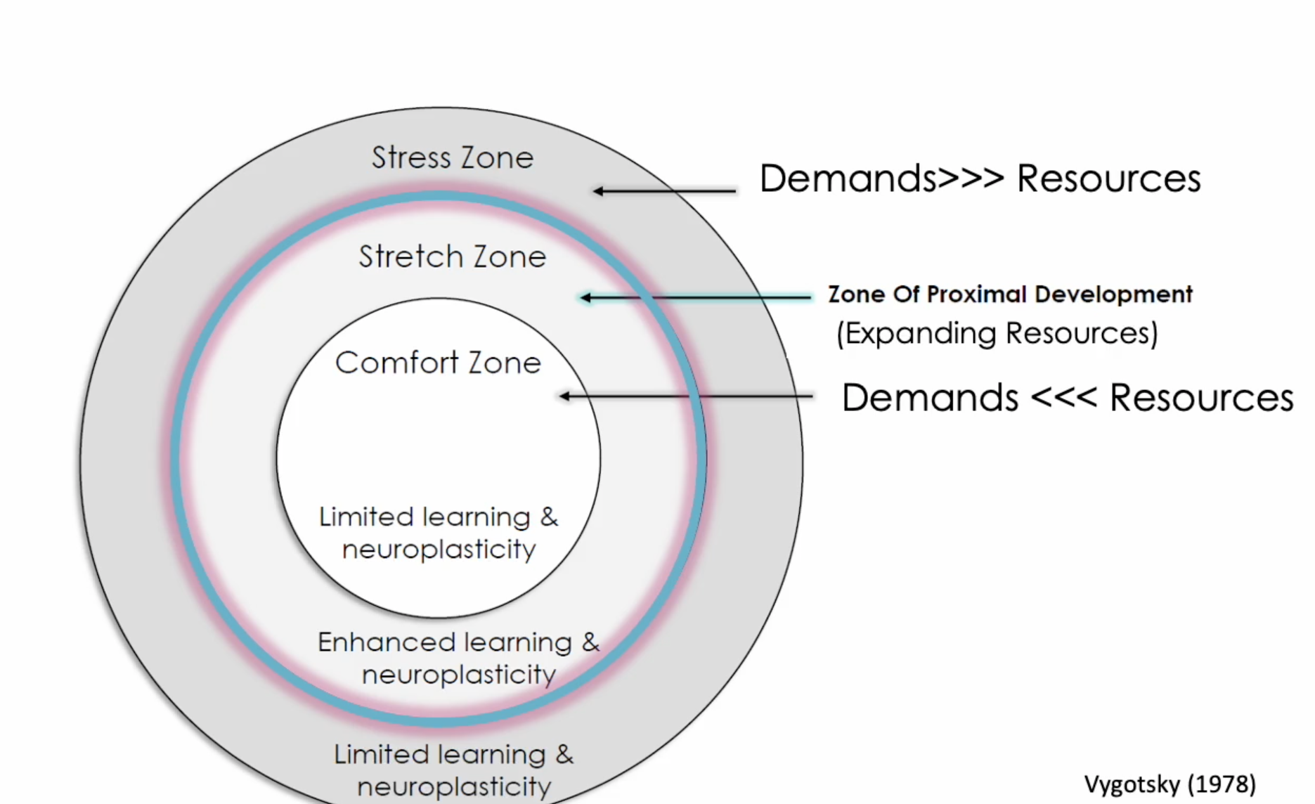 <p><strong>COMFORT ZONE</strong> → limited learning + plasticity, <u>demands < resources</u></p><p><strong>STRESS ZONE</strong> → limited learning + plasticity, <u>demands > resources</u></p><p><strong>STRETCH ZONE/ZONE OF PROXIMAL DEVELOPMENT </strong>→ enhanced learning + plasticity, <u>EXPANDING RESOURCES </u></p>