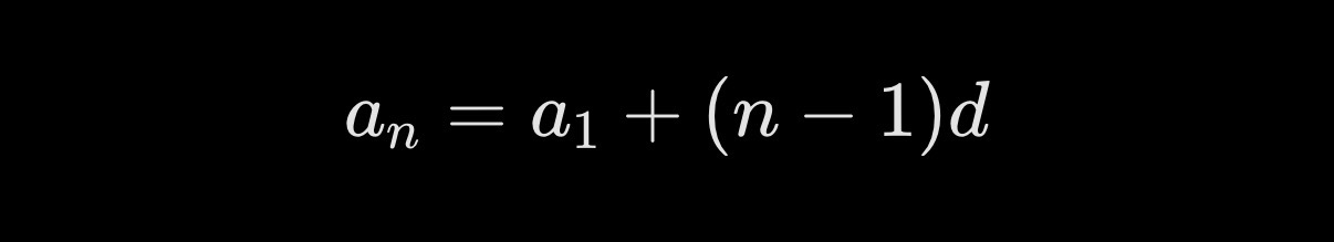 <p>A sub n = a sub 1 + (n-1) x d(difference)</p>