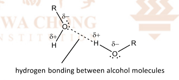 <ul><li><p>Strength of dispersion forces is about the same due to similar size of electron cloud</p></li><li><p>More energy is required to overcome <mark data-color="yellow" style="background-color: yellow; color: inherit;">intermolecular hydrogen bonding in alcohols</mark></p></li><li><p>which are stronger than the disperson forces in alkanes</p></li></ul><p>Note: larger e- cloud —> higher probability of distortion of e- cloud —> stronger and more significant dispersion forces —> difference between bps decreases</p><p></p>