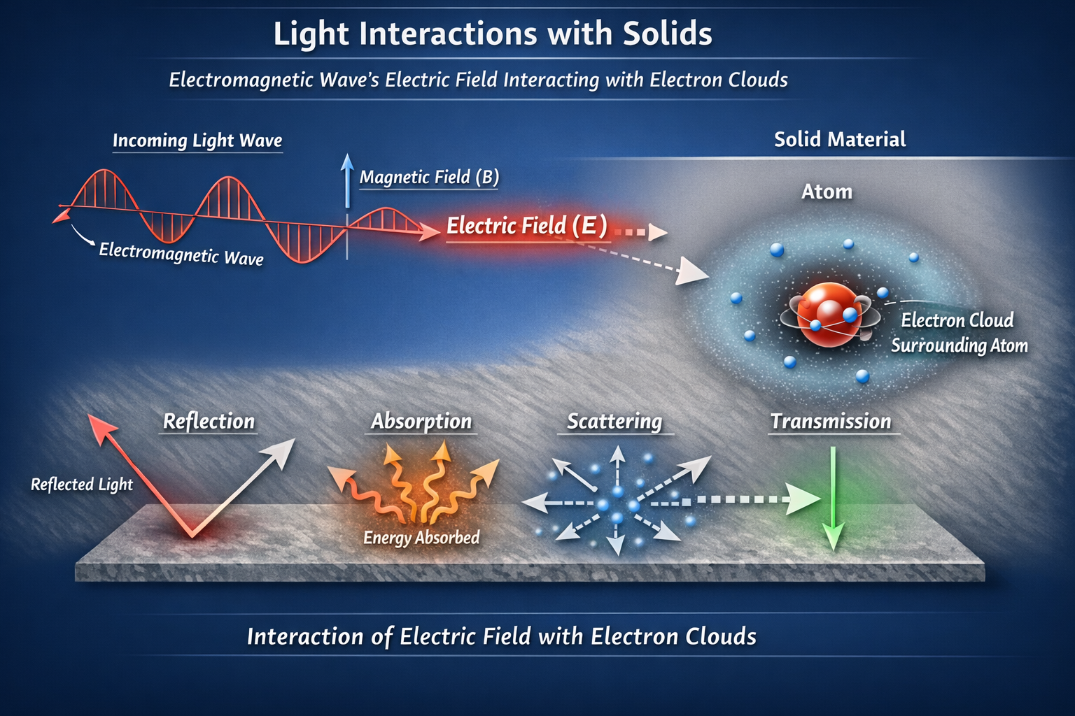 <p>What is the result of interaction between the electric field in a light wave and the electron cloud surrounding the atom in a material?</p>