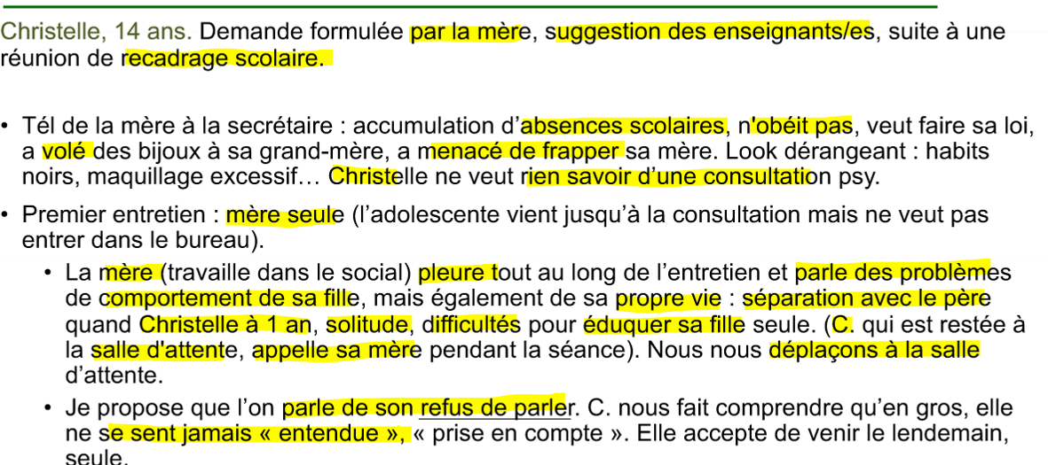 <p>voit état de détresse </p><p>ado sent obliger de venir donc pas envie investir et ne vient direct cabinet </p><p>pas obliger ado parler plutôt comprendre pk elle n’a pas envie parler, communiquer => ici pas parler car sentira pas écouter => donc devoir préter oreille attentive, comprendre cmpt </p>