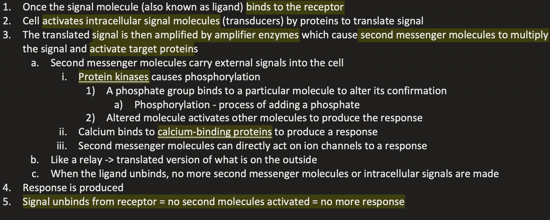 <p>Via <strong>signalling cascade</strong> → step by step activation of molecules in a cell to procure a response</p><p>and <strong>signal amplification</strong> → where a small amount of signal to produces a large response (due to this signalling cascade)</p><ul><li><p>One activated receptor can activate multiple downstream signalling molecules</p><p></p></li></ul><p></p>