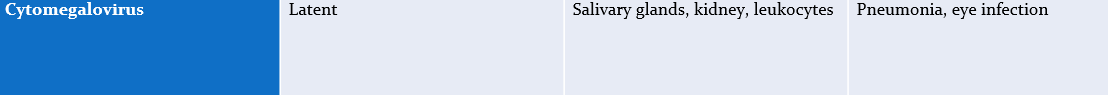 <p>Latent</p><p>affects- salvary glands, kidneys, and leakocytes</p><p>Causes- pneumonia, eye infection</p>
