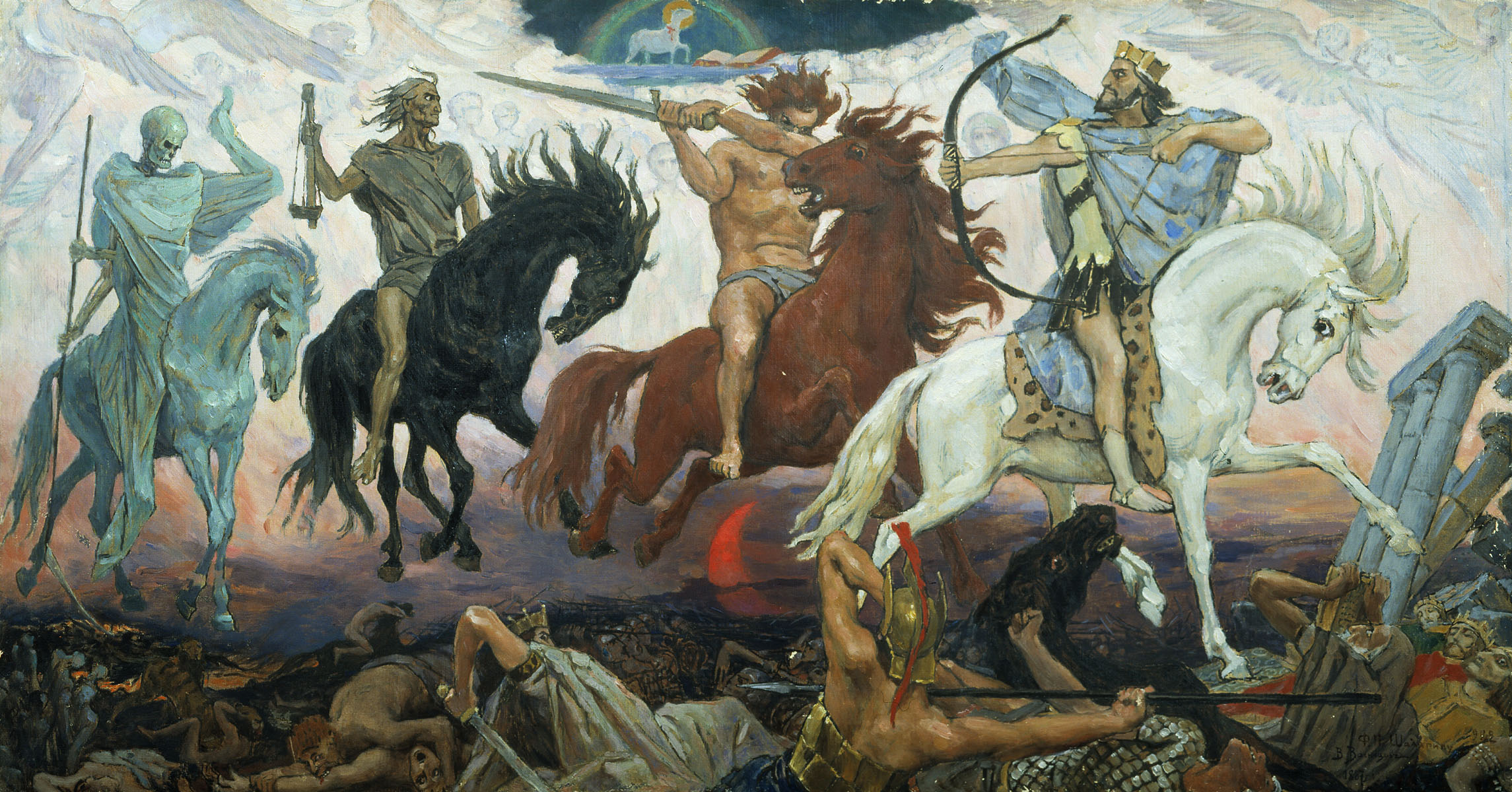 <p>Painting from the Renaissance, The four horses imply conquest, war, famine, death= destruction</p>