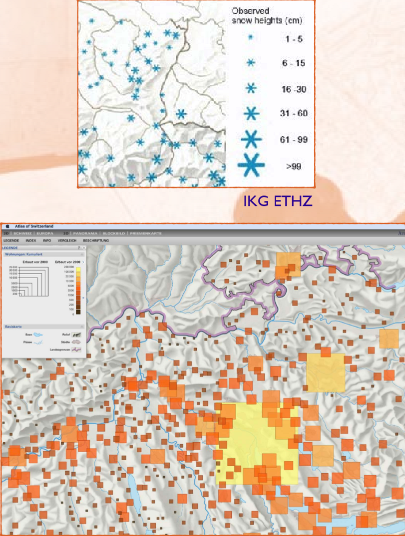<p>Quantitative means numbers, varying magnitudes</p><p>ā Vary visual variables:</p><ul><li><p>size</p></li><li><p>colour hue / saturation</p></li></ul><p>e.g. number of appartments, observed snow heights</p>