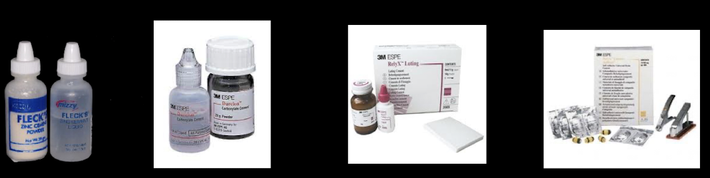 <ul><li><p>zinc phosphate </p></li><li><p>polycarboxylate </p></li><li><p>resin-reinforced GI </p></li><li><p>resin </p></li></ul><p></p>