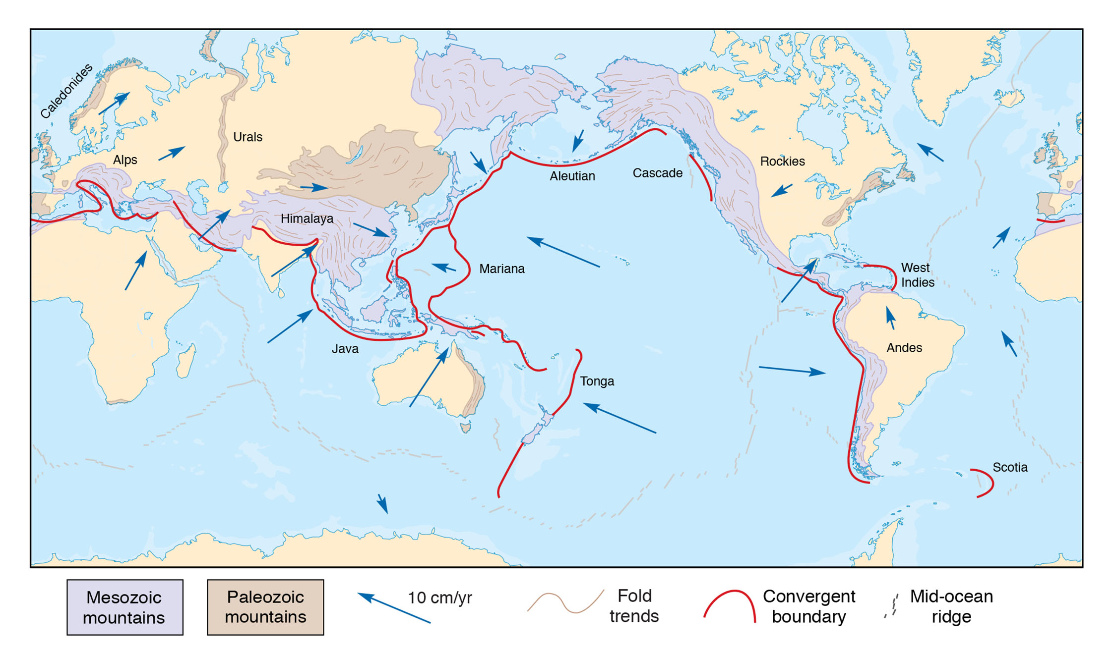<p>What type of collision boundary is found at the Aleutian Islands and near Tonga?</p>