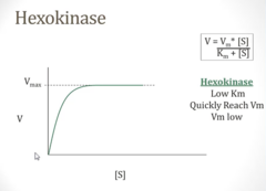 <p>- Low Km: High affinity for glucose. It binds glucose very readily, even when glucose concentration is low.</p><p>- Low Vm: Even if you give it tons of glucose, it has a relatively low maximum rate at which it can process it.</p>