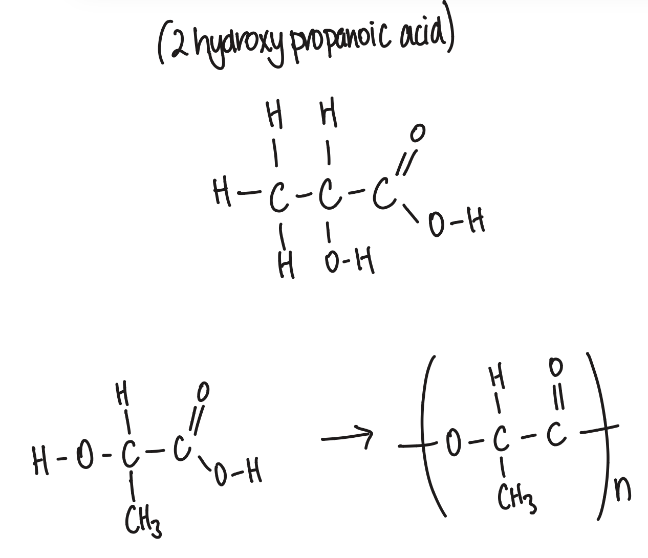<ul><li><p>polyester</p></li><li><p>formed from 2 hydroxypropanoic acid</p></li><li><p>biodegradable (ester bonds can be hydrolysed), used in disposable nappies and surgical stitches</p></li></ul><p></p>